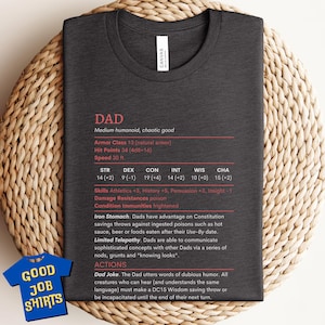 DnD Dad Shirt with Dad Stat Block, Nerdy Dad Birthday, Dad Christmas Gift, Fathers Day Gifts, Dungeons and Dragons DM Gift, Funny DnD Shirt