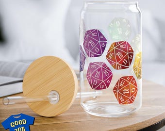 DnD Glass Cup with Rainbow D20 Dice: 16oz Sipper Glass with Lid and Straw for Dungeons & Dragons Player Gifts