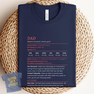 DnD Dad Shirt with Dad Stat Block, Nerdy Dad Birthday, Dad Christmas Gift, Fathers Day Gifts, Dungeons and Dragons DM Gift, Funny DnD Shirt