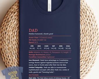 DnD Dad Shirt with Dad Stat Block, Nerdy Dad Birthday, Dad Christmas Gift, Fathers Day Gifts, Dungeons and Dragons DM Gift, Funny DnD Shirt