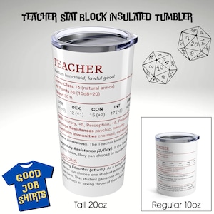 DnD Teacher Stat Block Tumblers, Nerdy Teacher Gift, Dungeon Master Thank You, Teacher Appreciation, Dungeons and Dragons, Stainless Steel