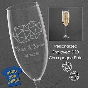 May include: A clear champagne flute with engraved geometric designs and the names "Nicola & Thomas" along with the date "06/14/2026". The text "Personalized Engraved D20 Champagne Flute" is also visible. A small image of a filled champagne flute is in the background.