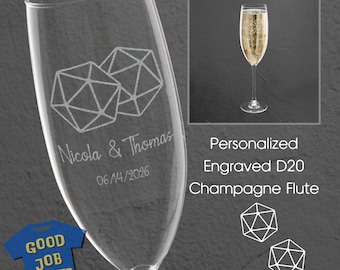 Personalized D20 DnD Wedding Glass: Engraved Champagne Flute with Custom Name & Date