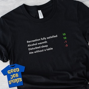 May include: Black t-shirt with white text that reads "Recreation fully satisfied 10, Alcohol warmth 10, Disturbed sleep -1, Ate without a table -3".