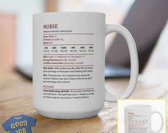 DnD Nurse Stat Block Mug: 11oz Ceramic Coffee Mug for a Nerdy Nurse who plays Dungeons & Dragons