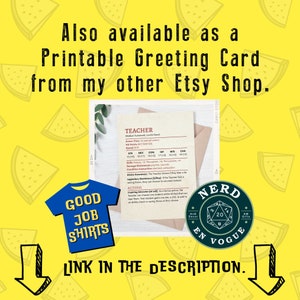 May include: A printable greeting card featuring a Dungeons and Dragons character sheet for a "Teacher" with stats and abilities. The card is yellow with a green background and has a "Good Job Shirts" logo and a "Nerd En Vogue" logo. The text "LINK IN THE DESCRIPTION" is at the bottom of the card.