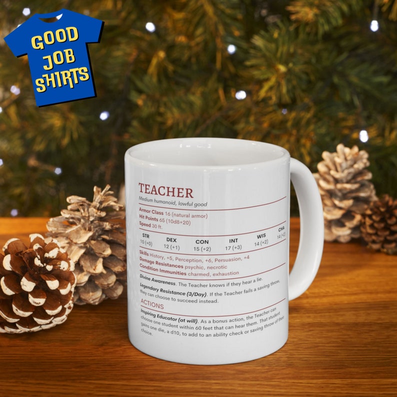 May include: White ceramic mug with a brown outline of a teacher character sheet. The mug features the text "Teacher" and a description of the character's stats, skills, and abilities. The mug is a fun and unique gift for teachers.