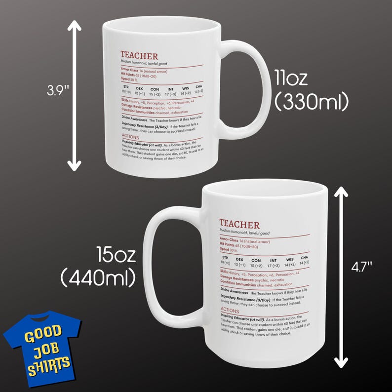 DnD Teacher Mug for Back to School, DnD Stat Block Coffee Mug, Teacher Mug DM Gift, Dungeon Master Mug, Nerdy Teacher Mug,Funny Teacher Gift image 3