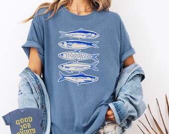 Sardine Shirt: Five Sardines in Blue Vintage Aesthetic on Cotton Comfort Colors® T-Shirt