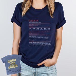 May include: A navy blue short-sleeve t-shirt featuring a white and red graphic print of a Dungeons and Dragons style character sheet titled TEACHER. The text includes stats like Armor Class, Hit Points, and the Inspiring Educator action description.