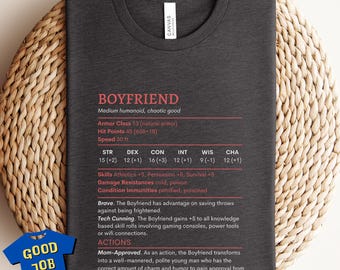 Funny DnD TShirt with Boyfriend Stat Block, Nerd Anniversary Gift, Gamer Boyfriend Christmas, Dungeon Boyfriend Ideas, Gift From Girlfriend