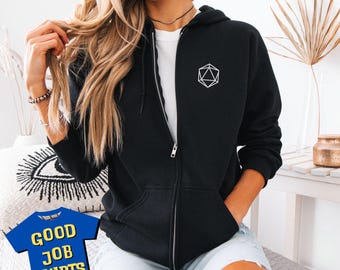 DnD Hoodie with D20 Logo: Black Zip-Up Hooded Sweatshirt for Dungeons & Dragons Players