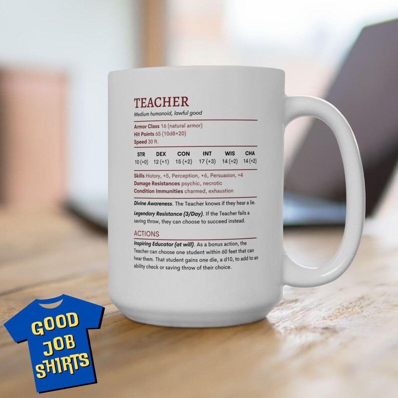 DnD Teacher Mug for Back to School, DnD Stat Block Coffee Mug, Teacher Mug DM Gift, Dungeon Master Mug, Nerdy Teacher Mug,Funny Teacher Gift 15oz