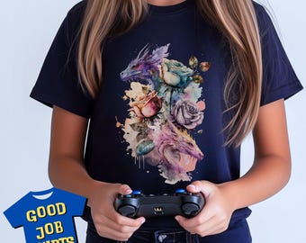 DnD Teens Dragon Shirt: Floral Dragon Shirt for Bookish Kids and DnD Players Ages 7 to 14
