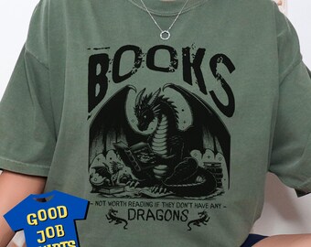Dragon Reading Books for Fantasy Fans, Comfort Colors® in Moss Green, Cottagecore Reading T-Shirt for Her, Funny Romantasy Bibliophile Gifts