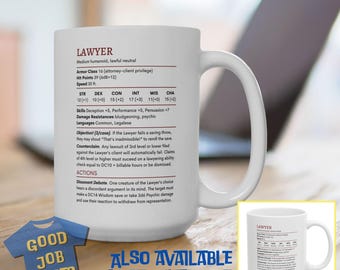 DnD Lawyer Stat Block Mug: Regular 11oz and Large 15oz Ceramic Coffee Mugs for Dungeons & Dragons Players