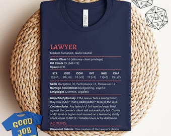 Lawyer DnD Stat Block Shirt: Cotton Unisex Adult Shirt for Dungeons & Dragons Players
