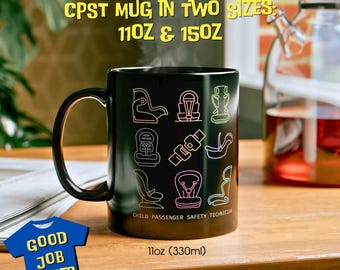 CPST Mug with Rainbow Icons: Black Ceramic Coffee Mug in Two Sizes, 11oz Regular, 15oz Large