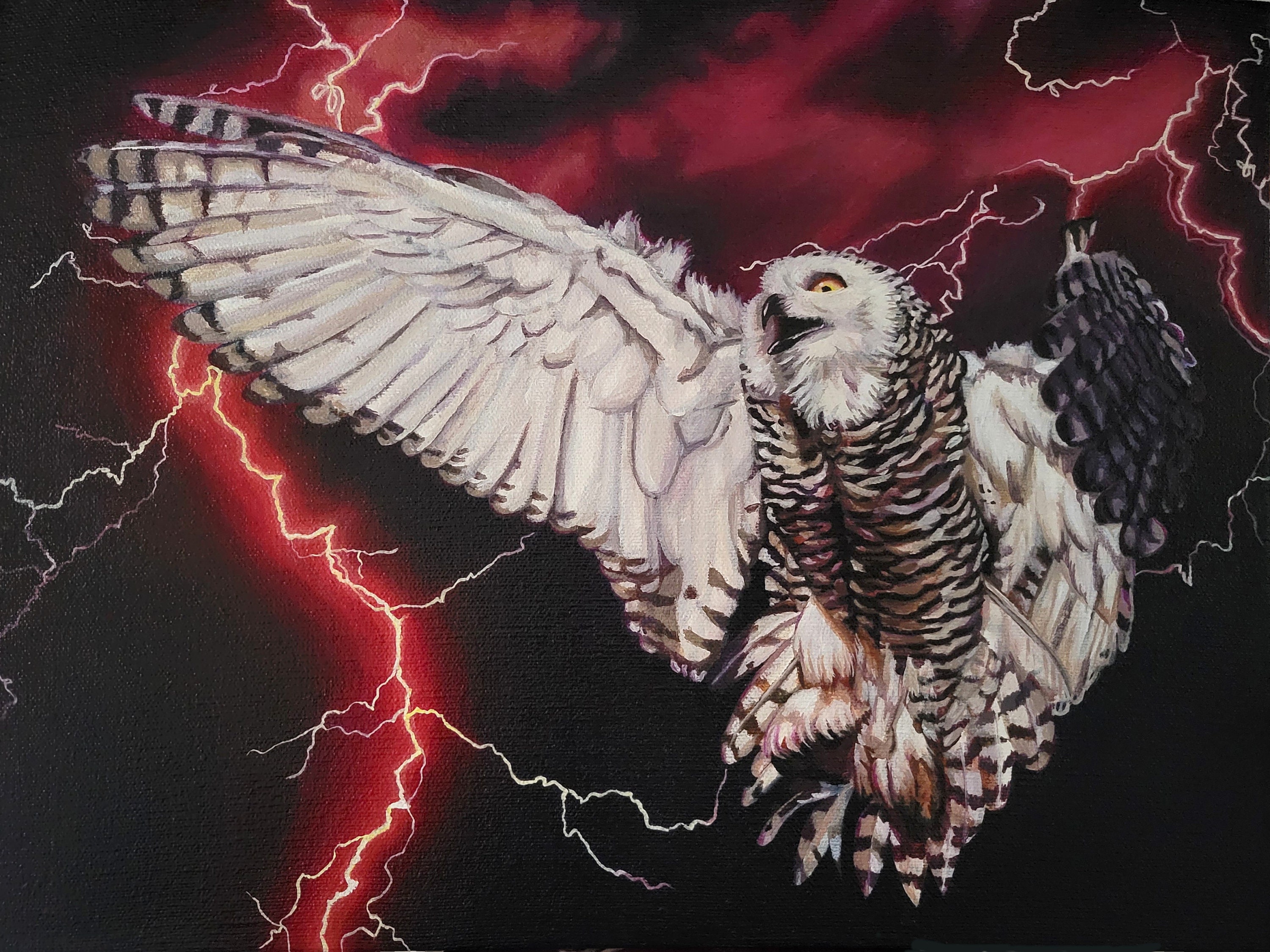 Original Acrylic Painting - Hindsight- Owl and Lightning