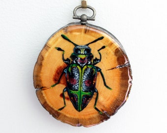 Original Acrylic Mini Painting - Jeweled Beetle on Wood with Resin and Hanger