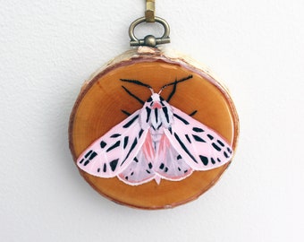 Original Acrylic Mini Painting - Pink Moth on Wood with Resin and Hanger