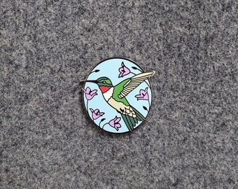 Hard Enamel Pin - Hummingbird - Ruby Throated - Purple Bellflower