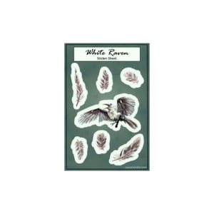 Vinyl Sticker Sheet - White Raven and Feathers - 4&quot;x6&quot;