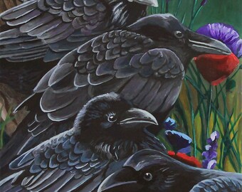 Limited Edition Print - Unkindness of Ravens - Ravens and Wildflowers