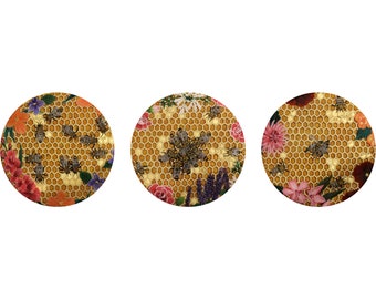 Limited Edition Print - Honeycomb Triptych - Honeybees and Wildflowers