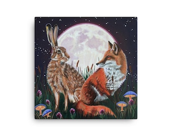 Canvas - Fox and Hare with Full Moon