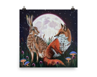 Poster Print - Fox and Hare with Full Moon