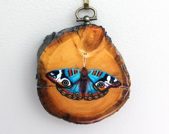 Original Acrylic Mini Painting  - Blue Buckeye Butterfly on Wood with Resin and Hanger