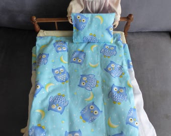 Doll's blue doona set with owls (free postage in Australia)