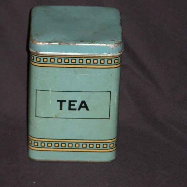 Vintage metal tea canister blue green tin square
