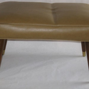 Danish mid century modern footstool tan vinyl wood legs vintage wide