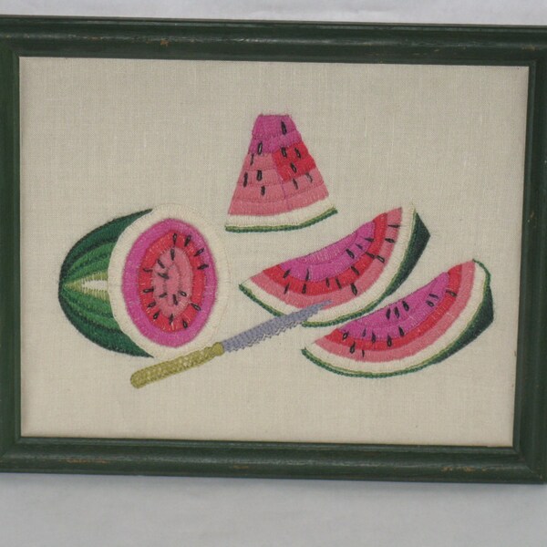 Vintage framed watermelon crewel embroidery picture