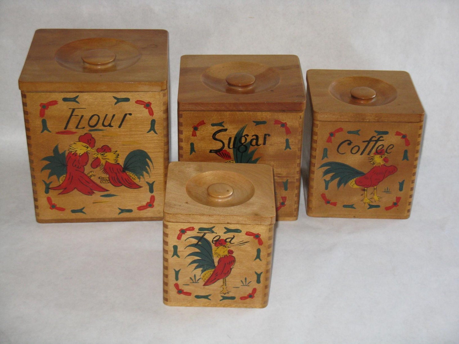 Vintage wood canister set rooster made in Japan Mid Century Etsy