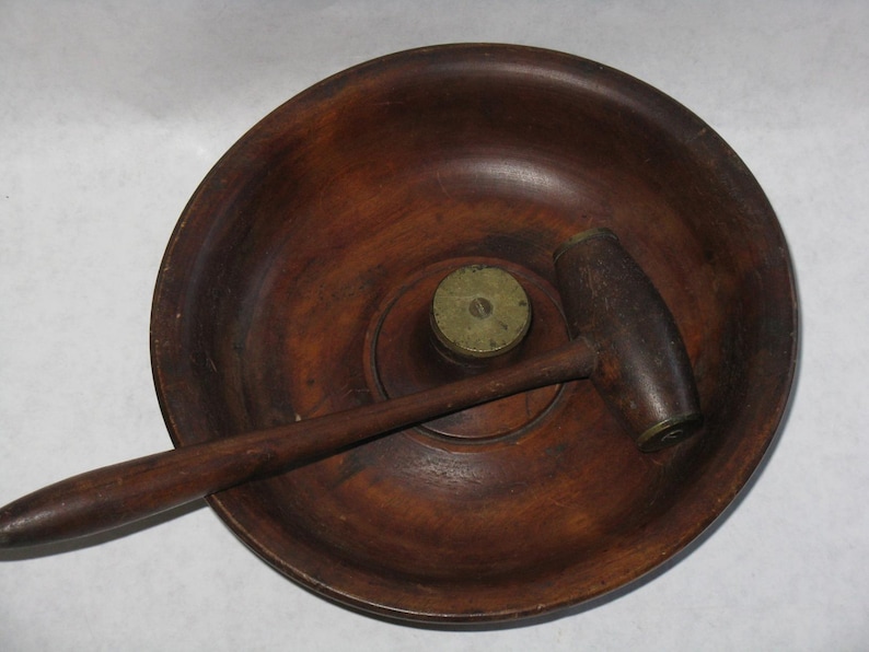 Vintage wood nut bowl with mallet style nutcracker hammer Etsy