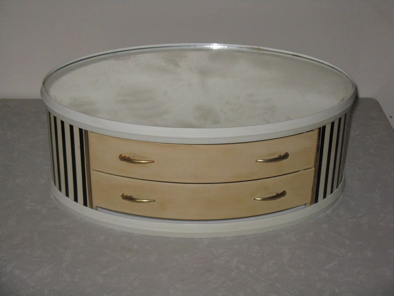 Mid Century Modern mirrored jewelry box storage drawers vinyl