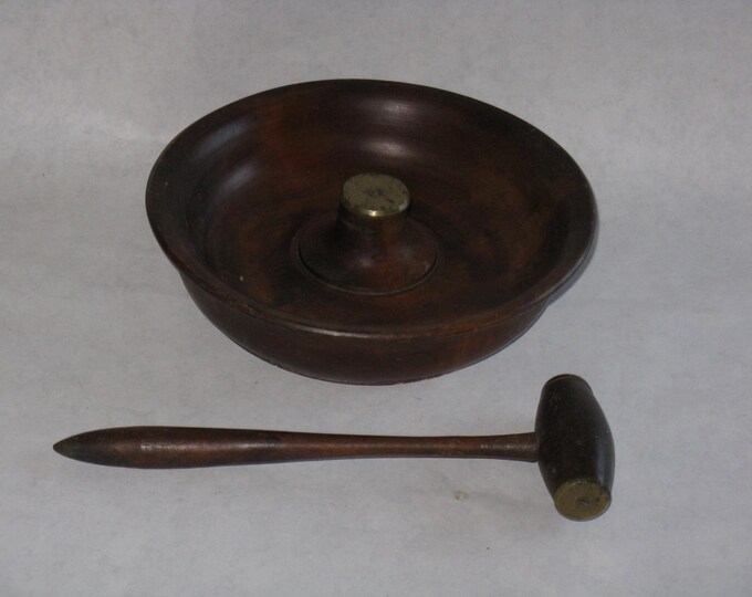 Vintage Wood Nut Bowl With Mallet Style Nutcracker Hammer Brass Etsy