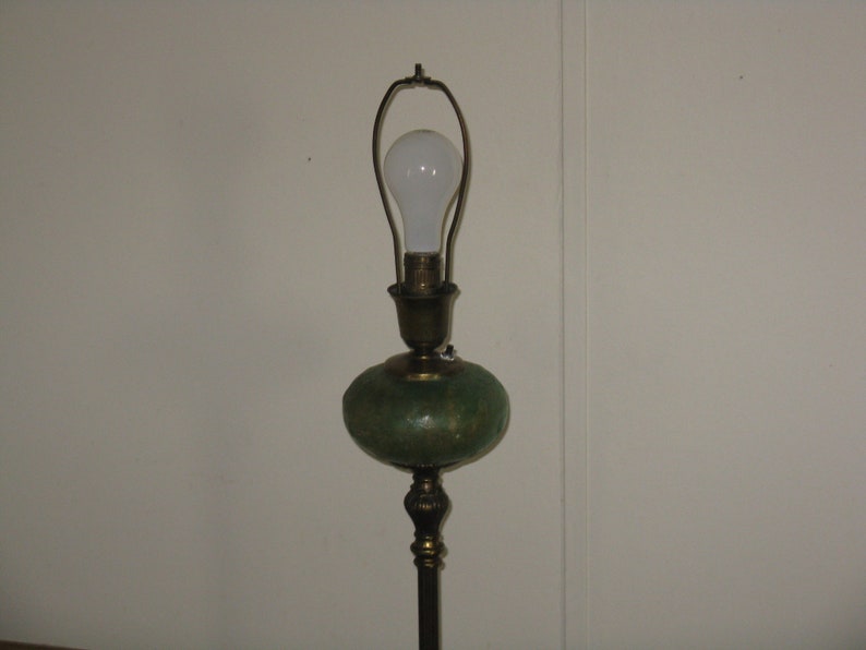 Antique Vintage Floor Lamp Brass Metal Green Glass