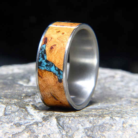 Black Cherry Burl Turquoise Inlay Titanium Wedding Band or | Etsy