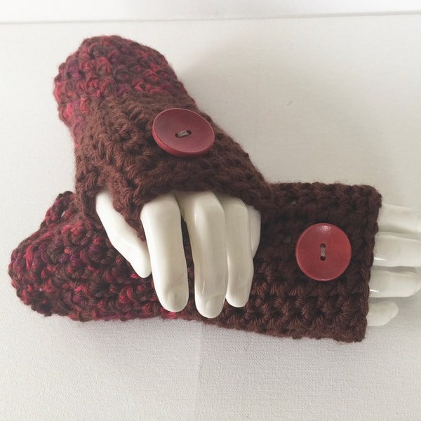 Blood Red & Brown Chunky  Wristwarmers With Country Red Wood Buttons,  Fingerless Texting Gloves,  Senior Citizen Gift,  Ready to Ship
