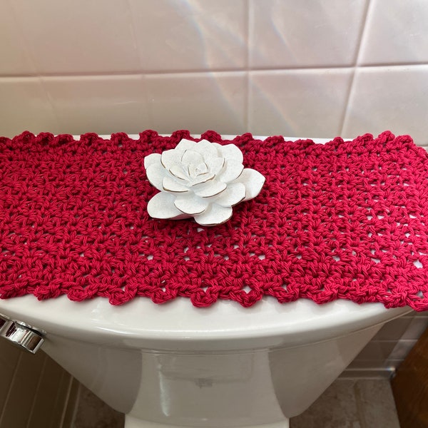 Crimson Tank Toilet Topper,  Table, Vanity Shelf or Hand Towel, Handcrafted Eco-Friendly Cotton, 17.5" X 7"