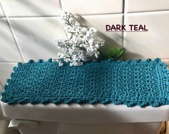 Dark Teal Toilet Tank Topper,  Victorian Vanity Mat, Tank Runner or  Fingertip Towel, 7X17" (One Left)