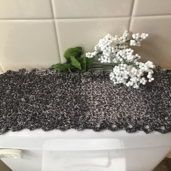 Black Splash Toilet Tank Topper, Jet Black & White Blend Vanity Mat,  multi-Use,  Sink Doily, Cotton Crochet Commode Cover, 17 X 7"