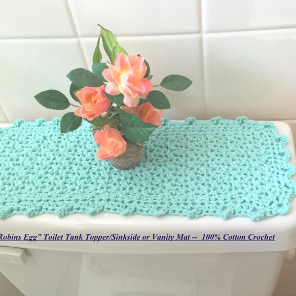 Robins Egg Blue Vanity or Toilet Tank Topper, Aqua Commode Cover, Cotton Lace Croche tDoily Runner, 16.5-17" X 6.5-7"