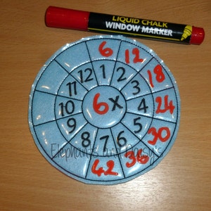May include: A blue circular learning tool with numbers 1 through 12 and their multiples up to 36. The numbers are written in red and the center of the circle says "6x".
