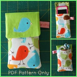 May include: A PDF pattern for a phone case with a green flap and a white fabric with colorful birds. The case is shown in three different positions: closed, with a phone inside, and with headphones inside.