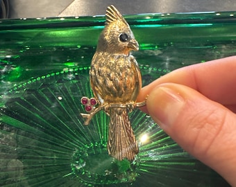 Signed Gerry’s Vintage Bird Brooch – Gold-Tone Cardinal Pin with Red Rhinestone Berries & Black Eye, 1960s Mid-Century Jewelry